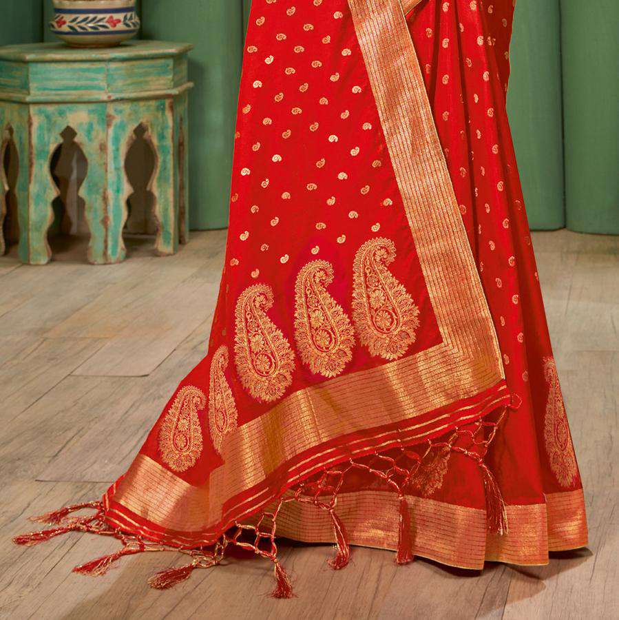 Red Paisley Pattern Zari Jacquard Bordered Art Tusser Silk Saree with Two Blouses - Fabcurate