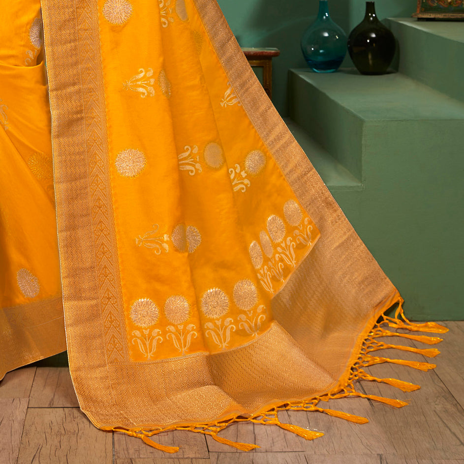 Yellow Floral  Pattern Zari Jacquard Bordered Art Tussar Silk Saree with Two Blouses