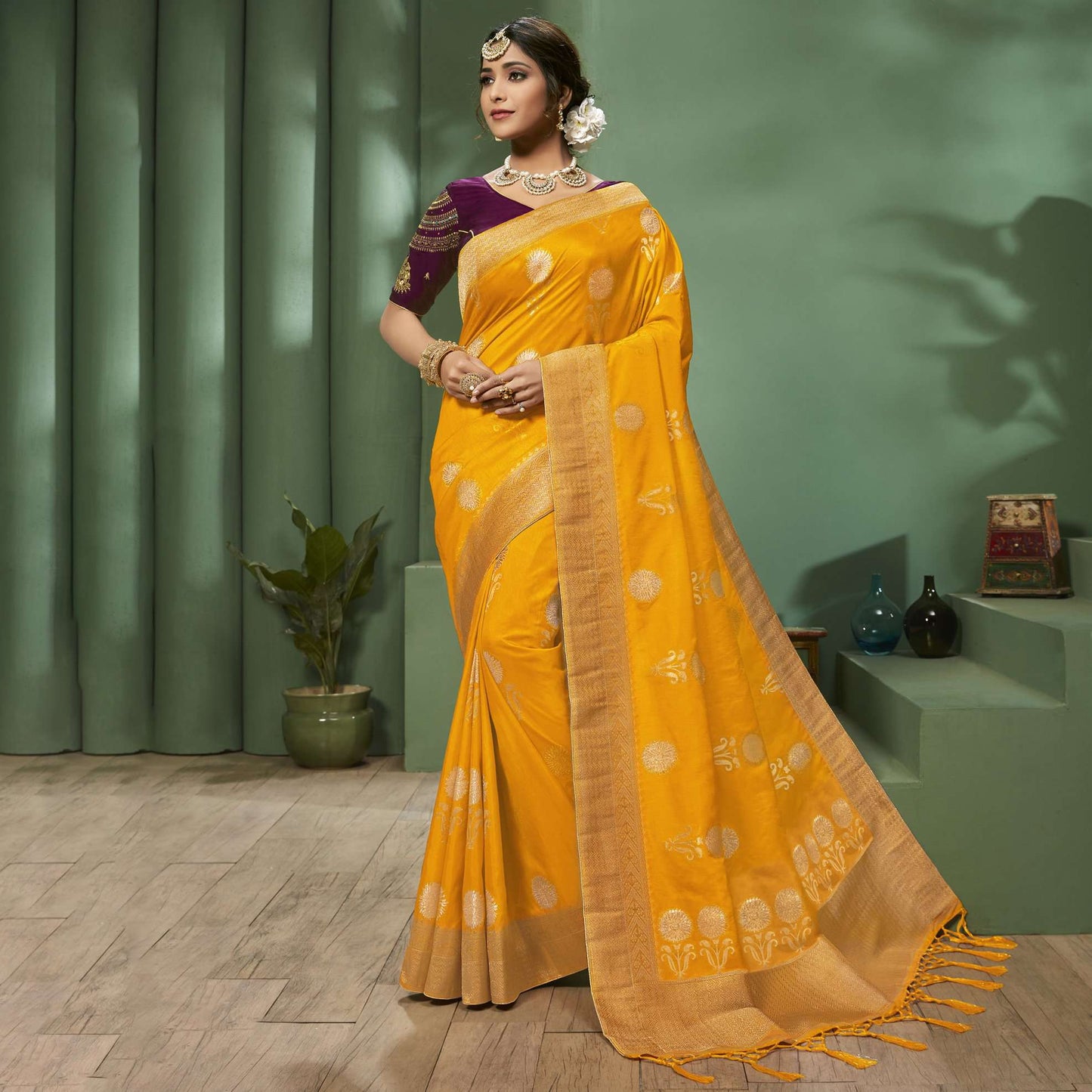 Yellow Floral  Pattern Zari Jacquard Bordered Art Tussar Silk Saree with Two Blouses