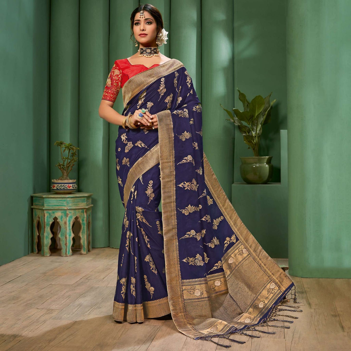 Royal Blue Paisley Pattern Zari Jacquard Bordered Art Tussar Silk Saree