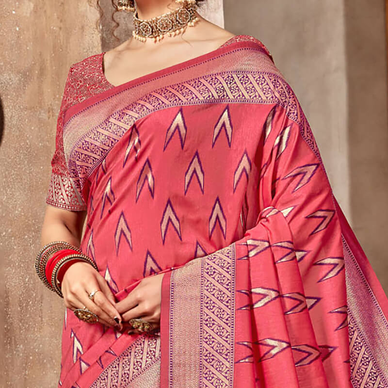 Rouge Pink And Purple Ikat Pattern Zari Jacquard Bordered Art Tusser Silk Saree With Tassels - Fabcurate