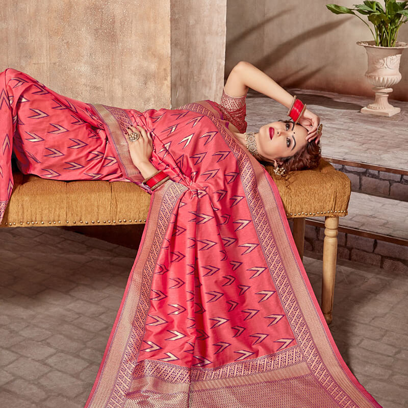 Rouge Pink And Purple Ikat Pattern Zari Jacquard Bordered Art Tusser Silk Saree With Tassels - Fabcurate