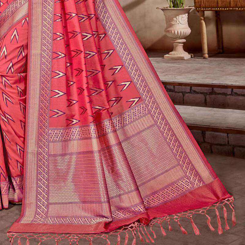 Rouge Pink And Purple Ikat Pattern Zari Jacquard Bordered Art Tusser Silk Saree With Tassels - Fabcurate