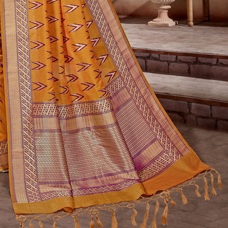 Honey Yellow And Purple Ikkat Pattern Zari Jacquard Bordered Art Tussar Silk Saree With Tassels