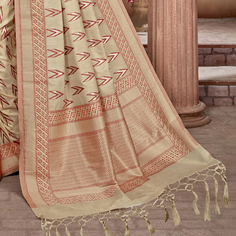 Oatmeal Beige And Red Ikkat Pattern Zari Jacquard Bordered Art Tussar Silk Saree With Tassels
