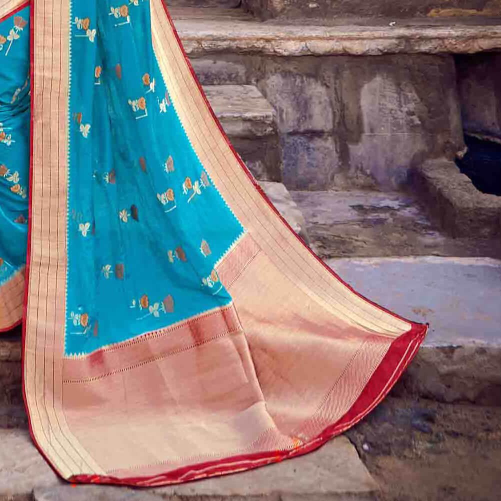 Sky Blue And Red Floral Pattern Zari Jacquard Bordered Art Tussar Silk Saree with
