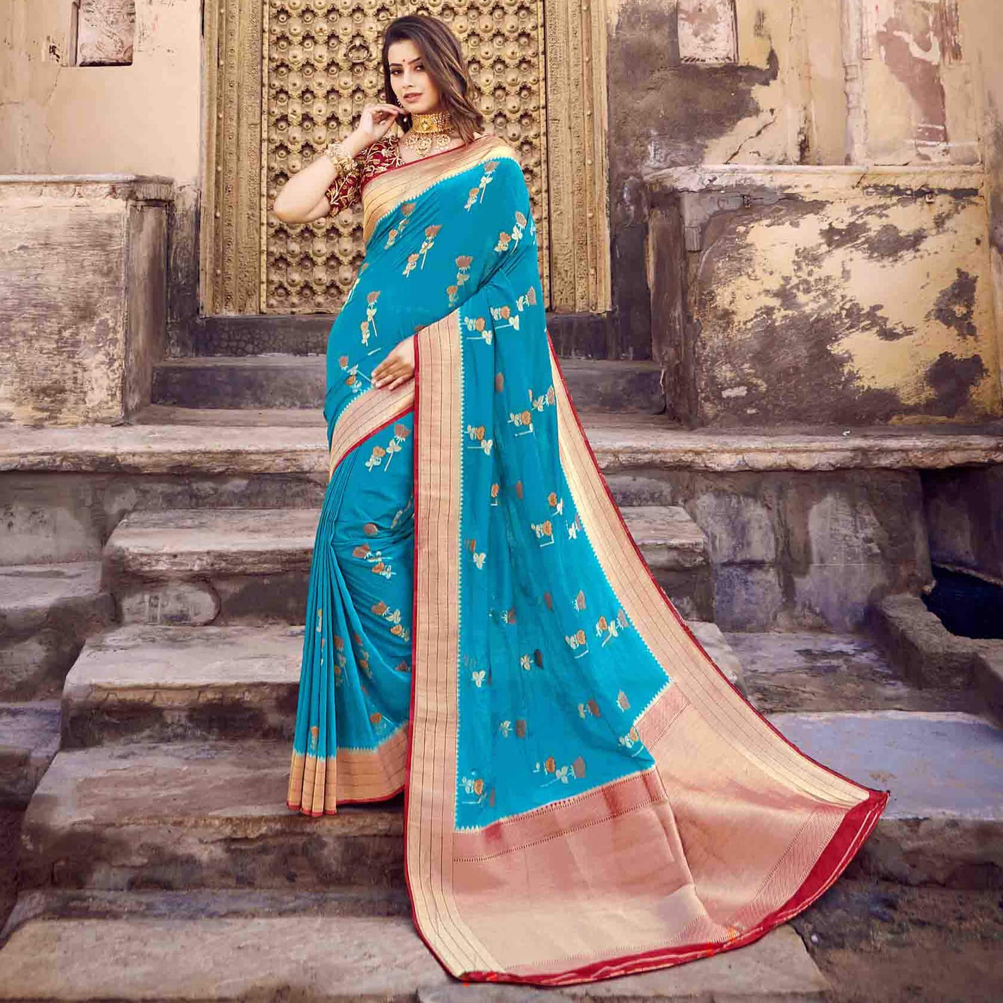 Sky Blue And Red Floral Pattern Zari Jacquard Bordered Art Tussar Silk Saree with