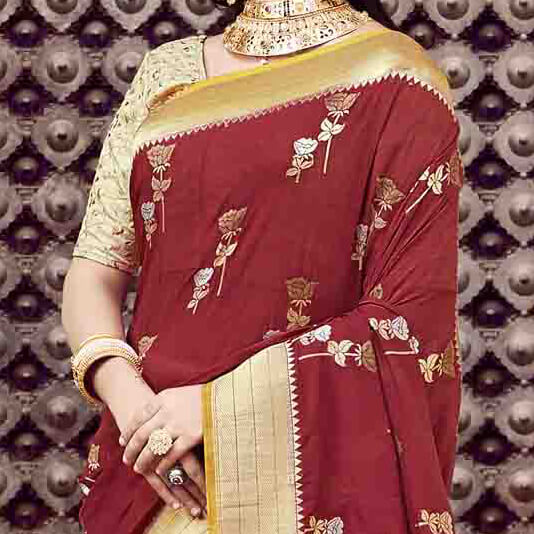 Red And Mustard Yellow Floral Pattern Zari Jacquard Bordered Art Tussar Silk Saree