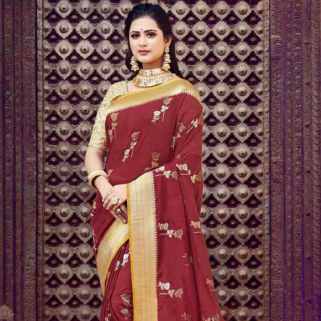Red And Mustard Yellow Floral Pattern Zari Jacquard Bordered Art Tussar Silk Saree