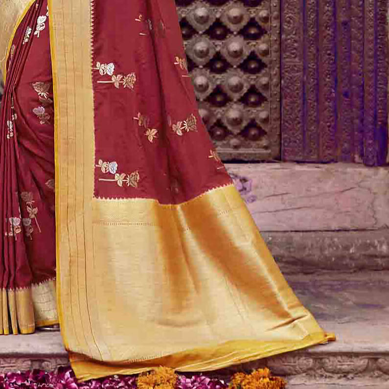 Red And Mustard Yellow Floral Pattern Zari Jacquard Bordered Art Tussar Silk Saree