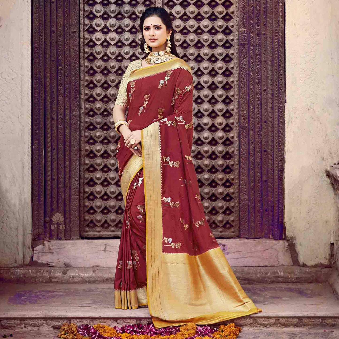 Red And Mustard Yellow Floral Pattern Zari Jacquard Bordered Art Tussar Silk Saree