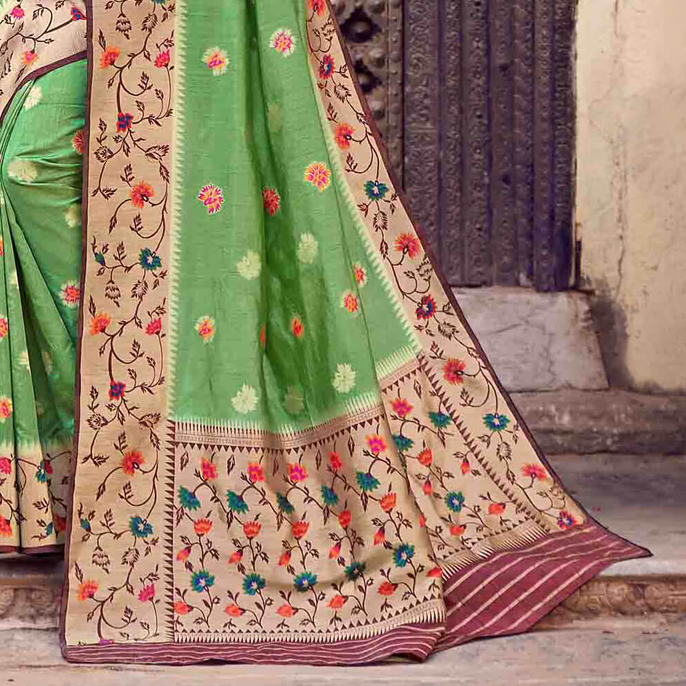 Parrot Green And Fuchsia Floral Pattern Zari Jacquard Bordered Art Tussar Silk Saree