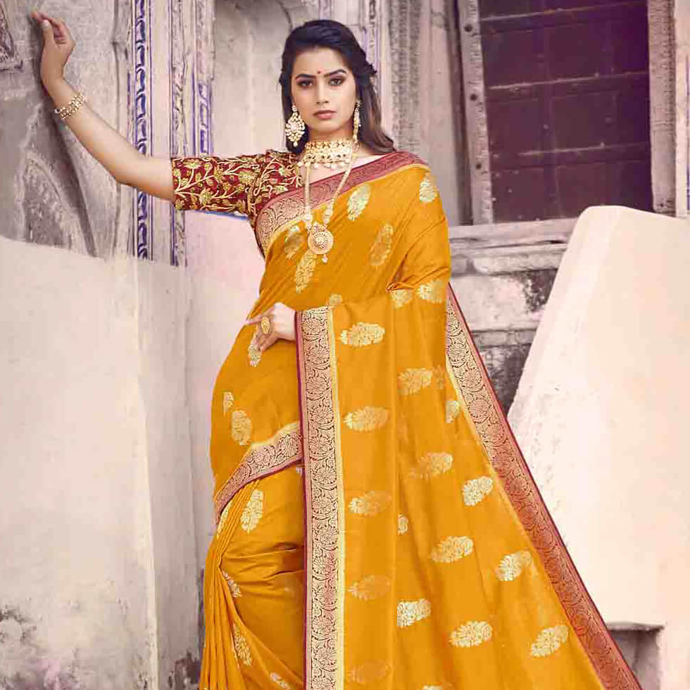 Yellow And Maroon Floral Pattern Zari Jacquard Bordered Art Tussar Silk Saree