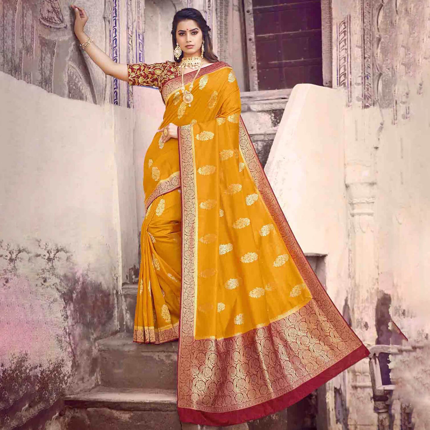 Yellow And Maroon Floral Pattern Zari Jacquard Bordered Art Tussar Silk Saree