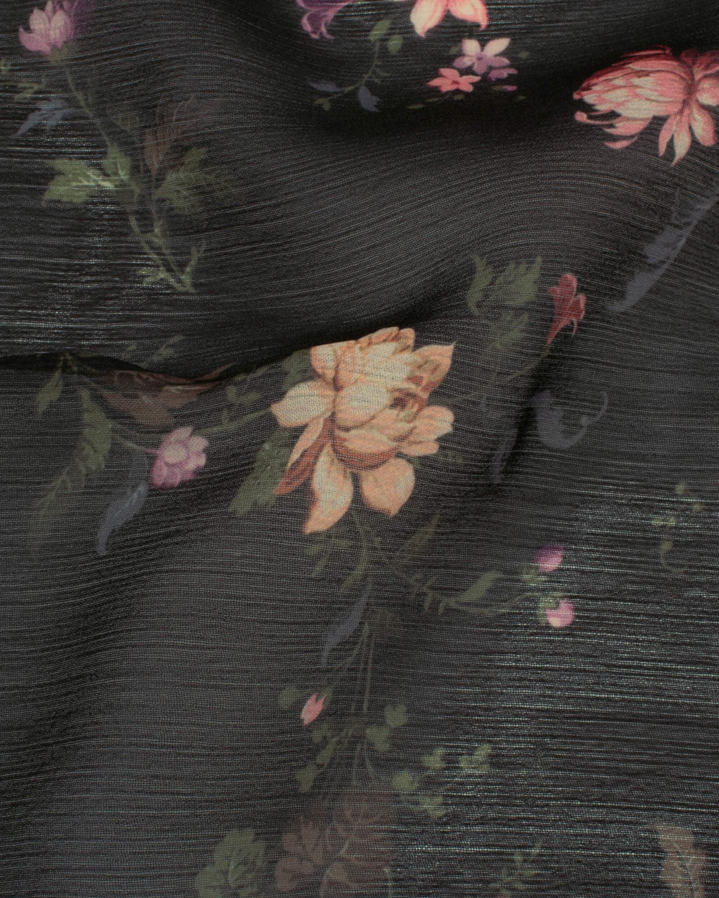 Black And Peach Floral Pattern Digital Print Chiffon Scarf