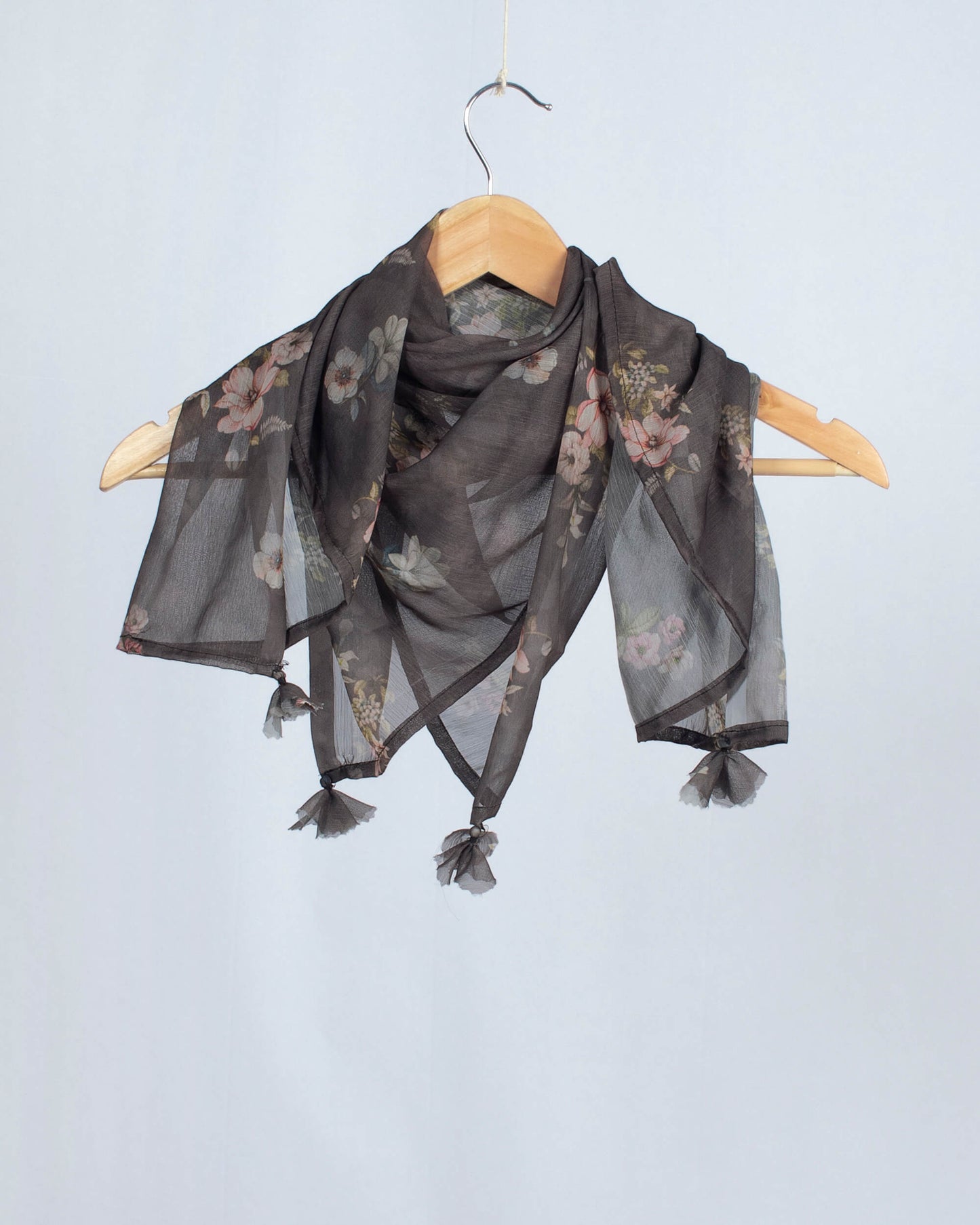 Charcoal Grey And Pink Floral Pattern Digital Print Chiffon Scarf