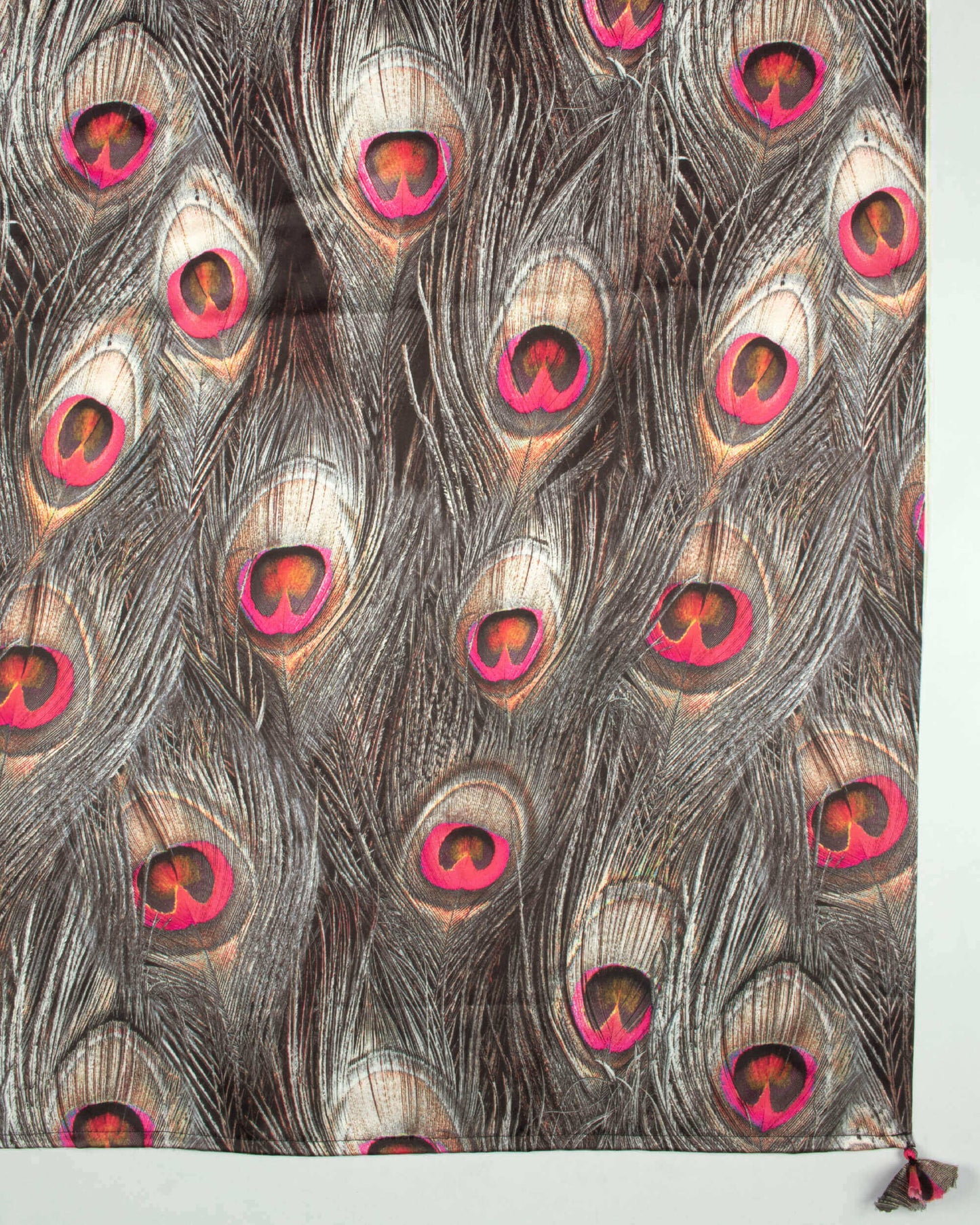 Black And Cerise Pink Peacock Feather Pattern Digital Print Japan Satin Scarf