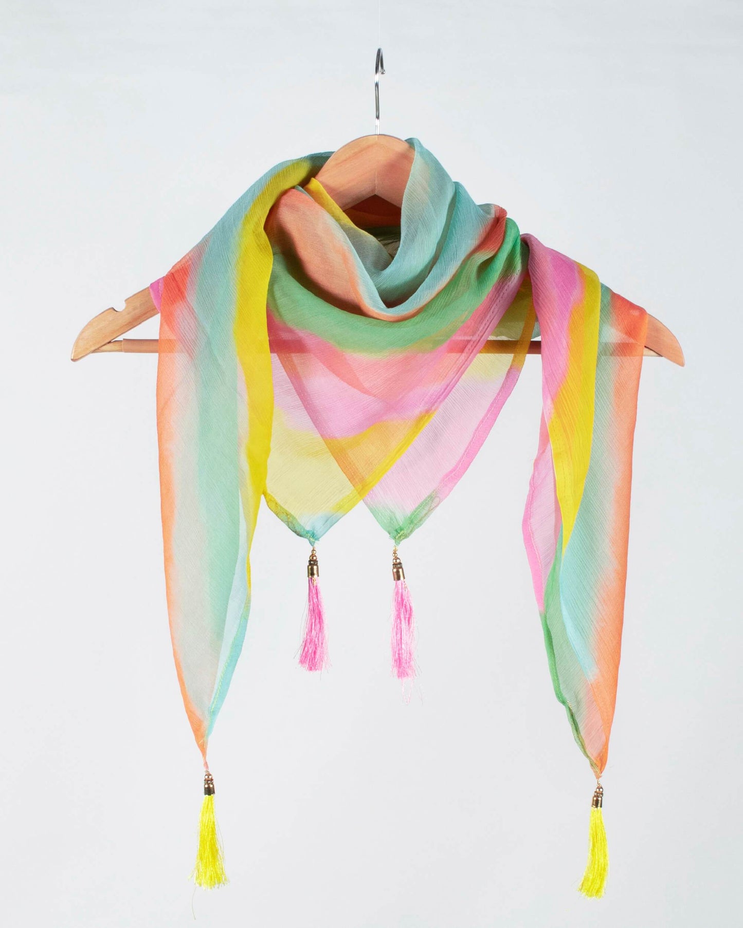 Pink And Yellow Leheriya Pattern Digital Print Bemberg Chiffon Scarf With Tassels - Fabcurate