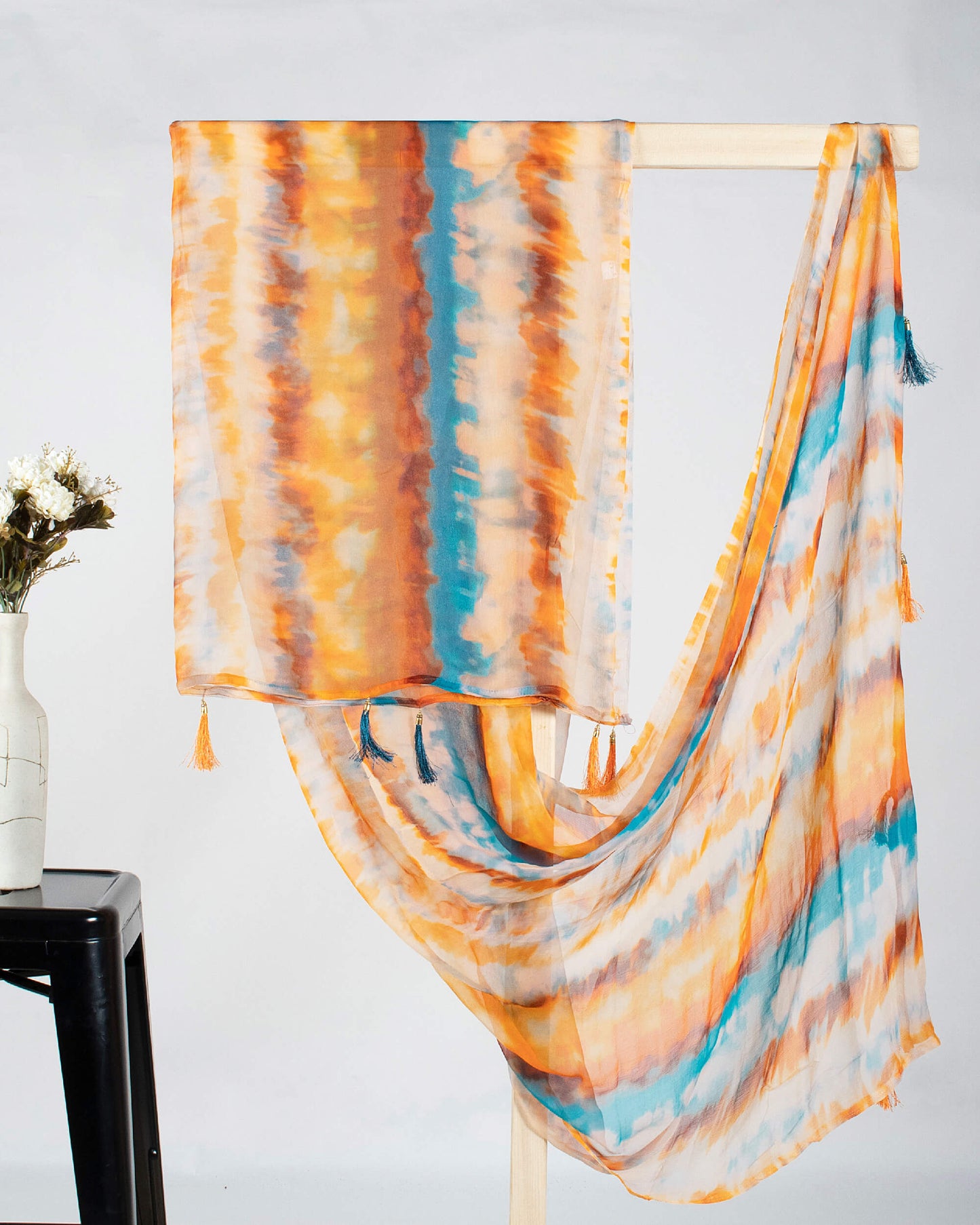 Orange And Blue Shibori Pattern Digital Print Bemberg Chiffon Dupatta With Tassels - Fabcurate