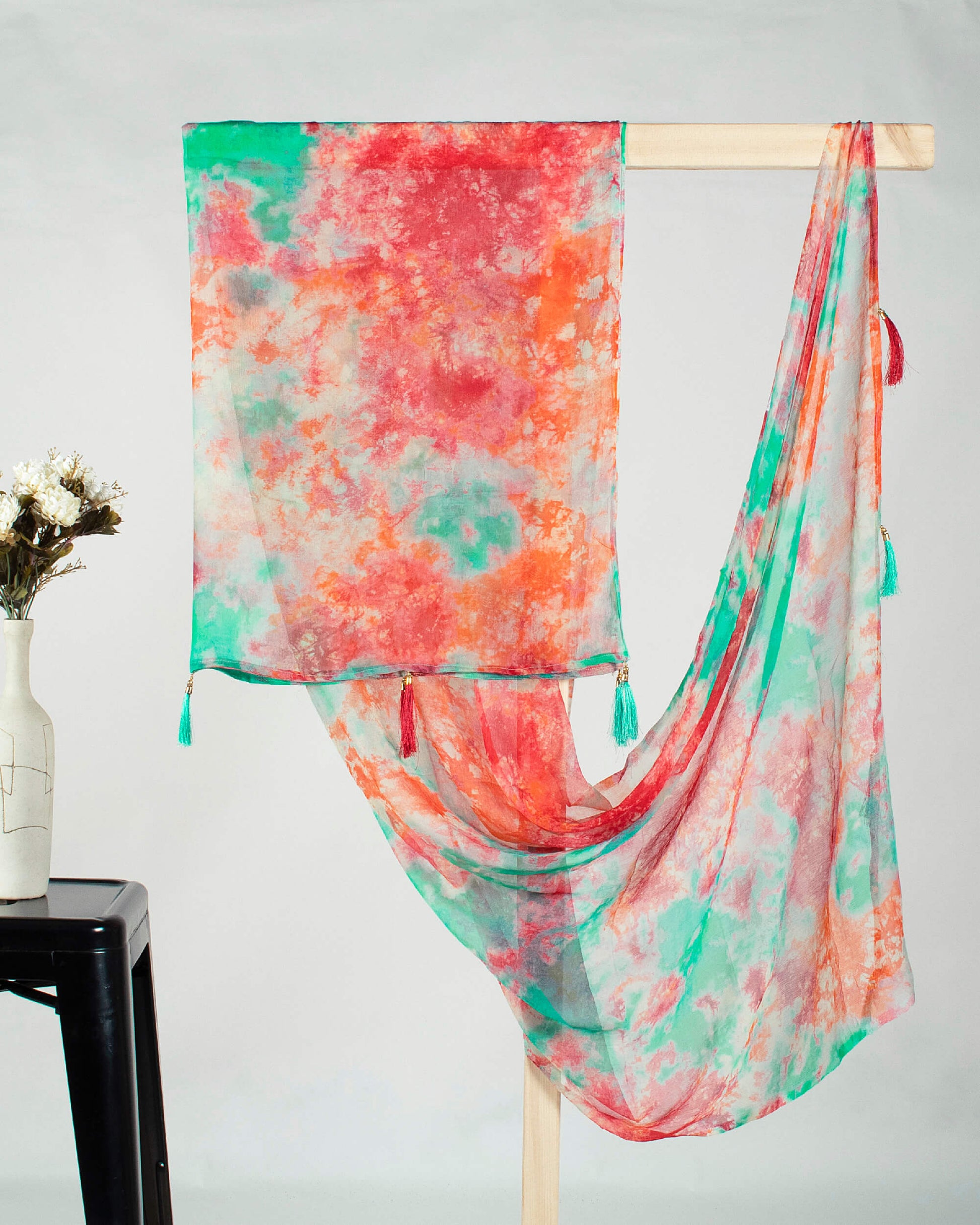 Green And Red Tie & Dye Pattern Digital Print Bemberg Chiffon Dupatta With Tassels - Fabcurate