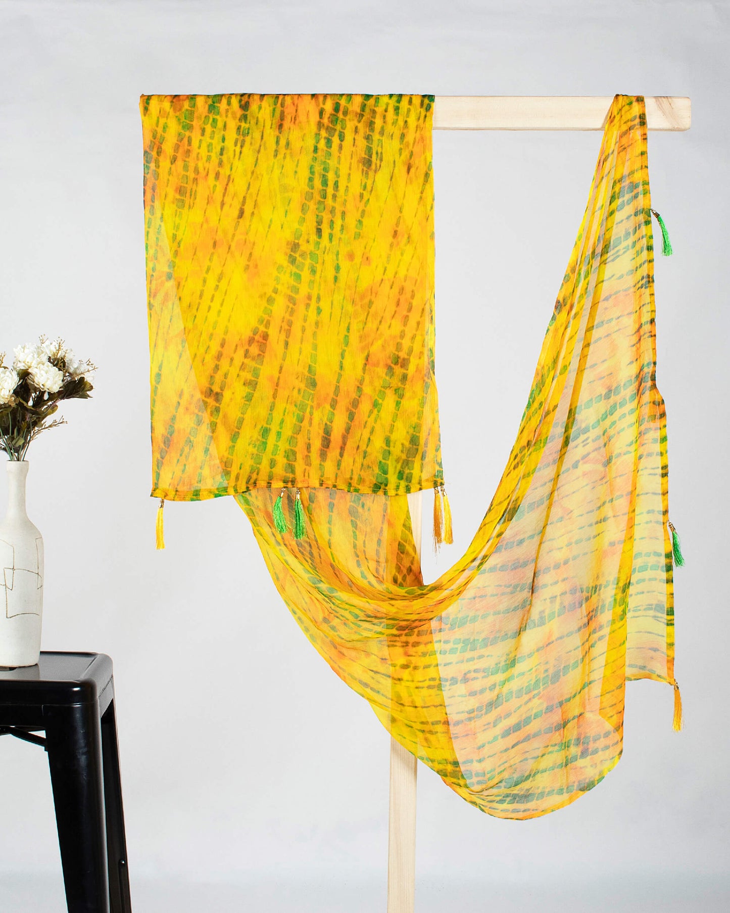 Yellow And Green Shibori Pattern Digital Print Bemberg Chiffon Dupatta With Tassels - Fabcurate