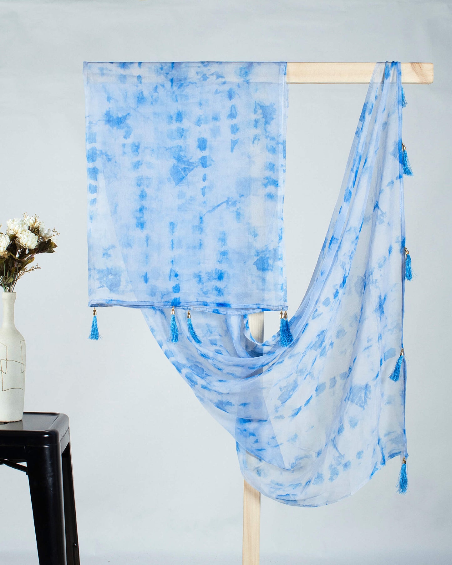 Sky Blue Shibori Pattern Digital Print Bemberg Chiffon Dupatta With Tassels - Fabcurate