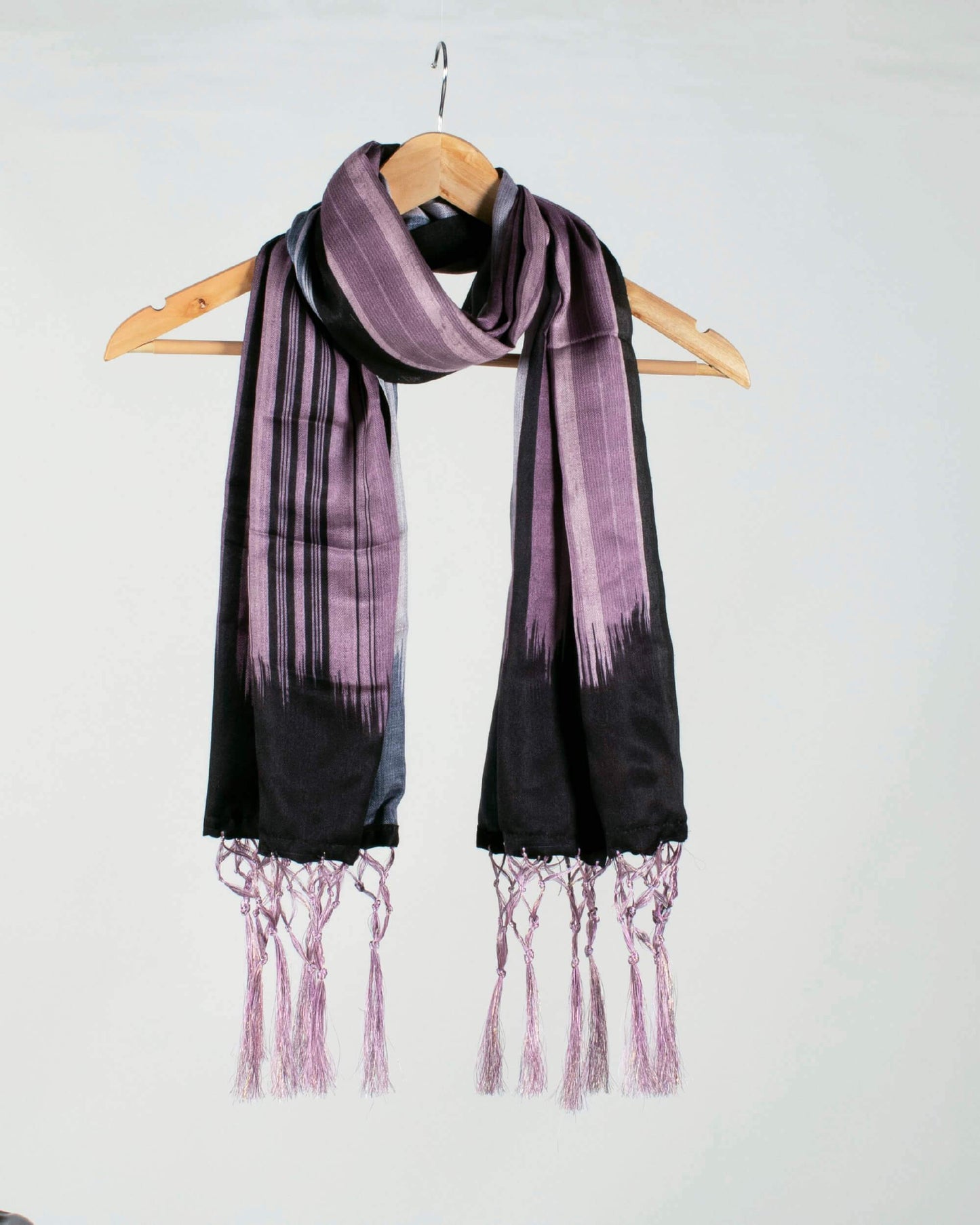 Black And Pastel Pink Stripes Pattern Digital Print Gadwal Silk Stole With Tassels - Fabcurate