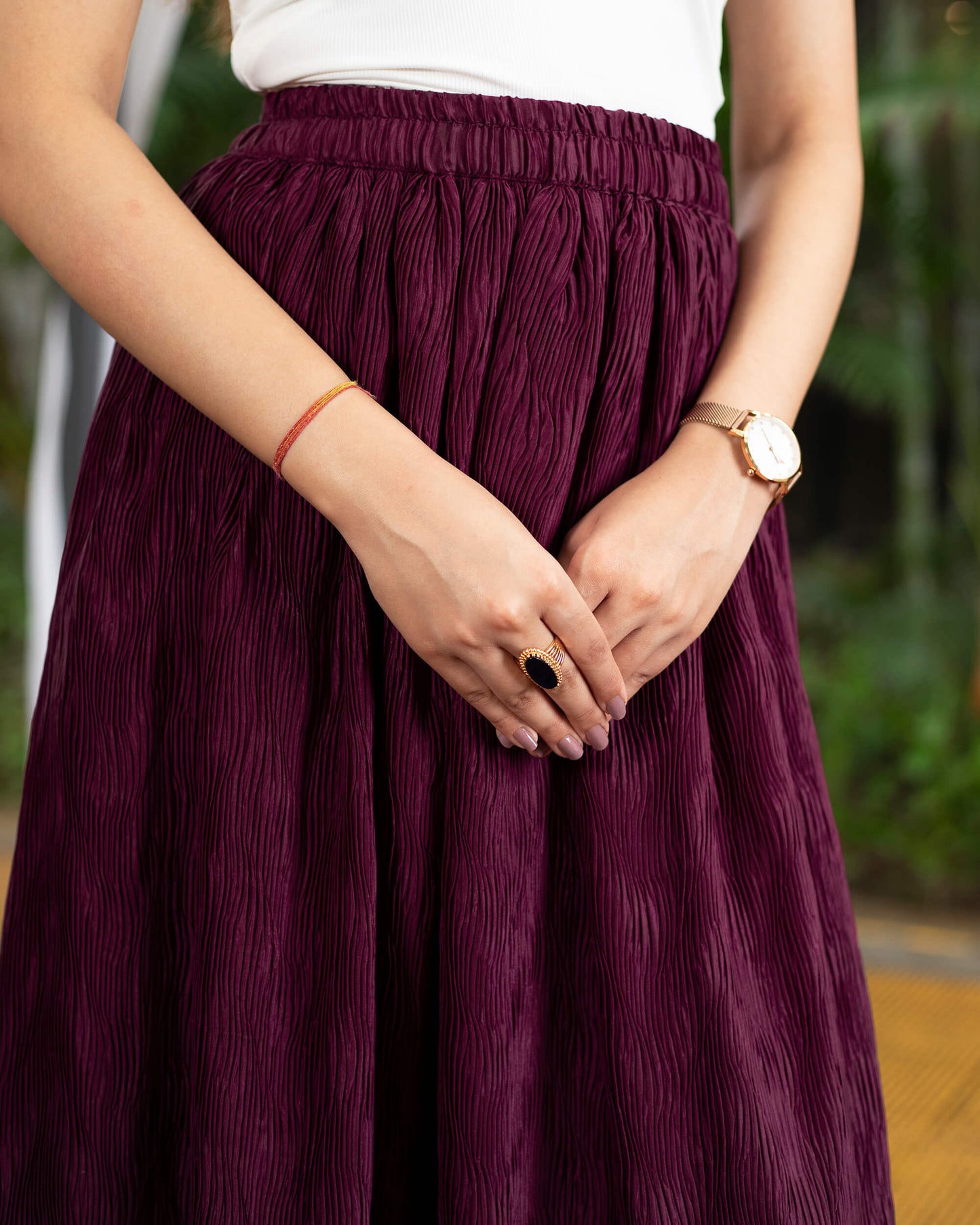 Wine Pleated Midi Skirt