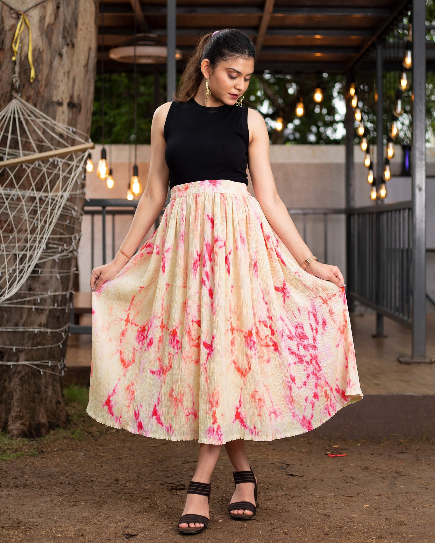 Tye And Dye Pleated Midi Skirt