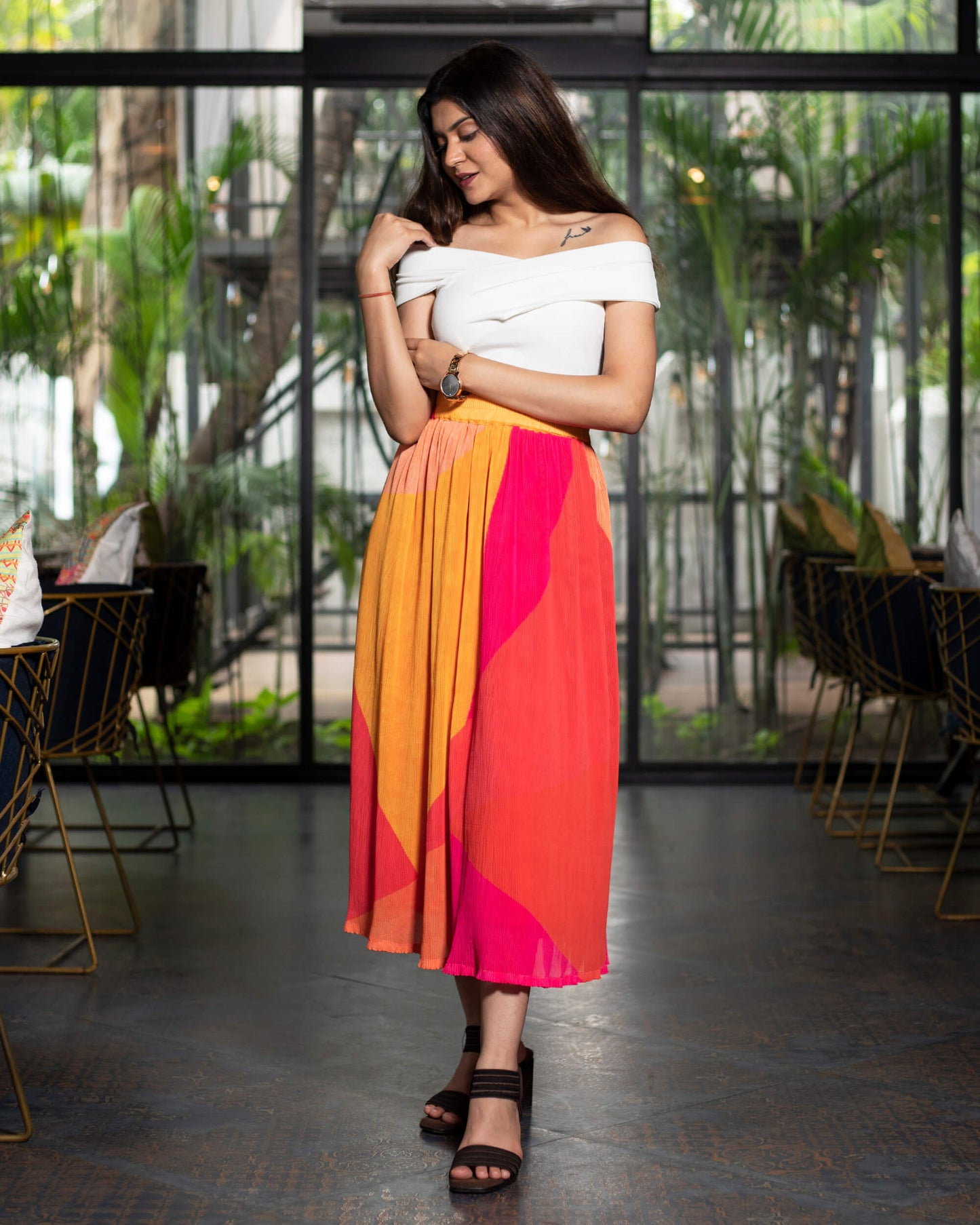 Abstract Pleated Midi Skirt