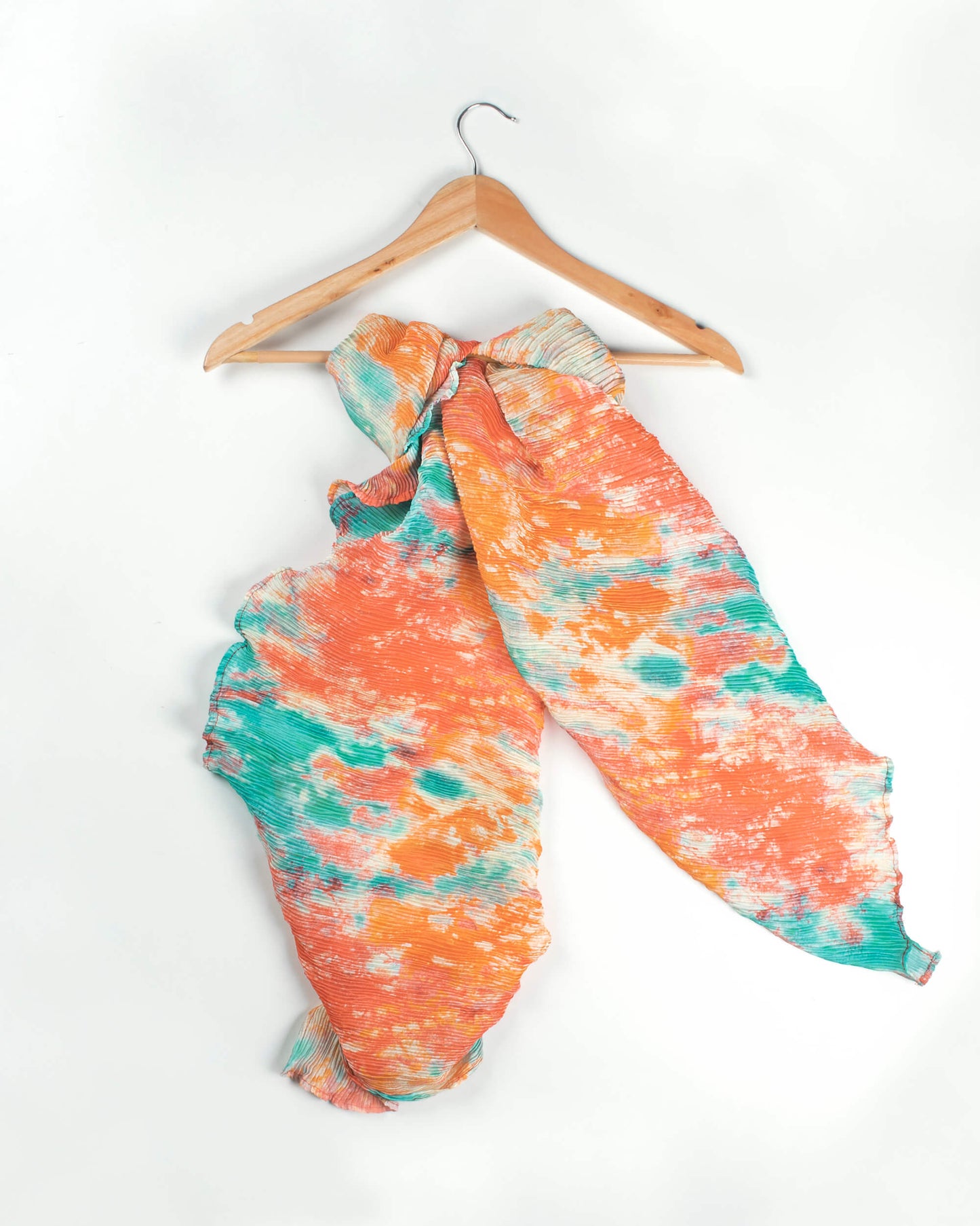 Orange And Turquoise Tye And Dye Pattern Digital Print Georgette Satin Pleated Stole