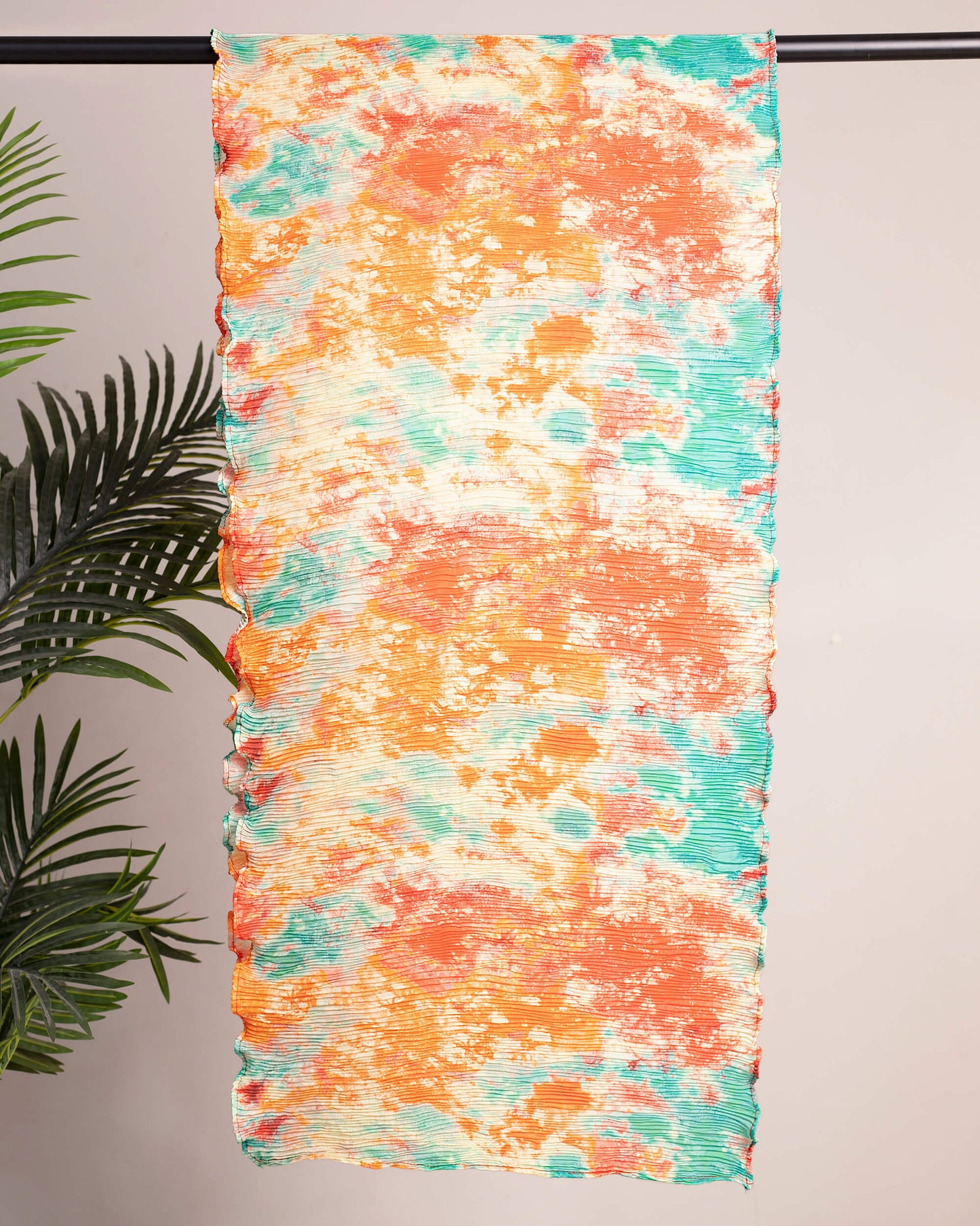 Orange And Turquoise Tye And Dye Pattern Digital Print Georgette Satin Pleated Stole