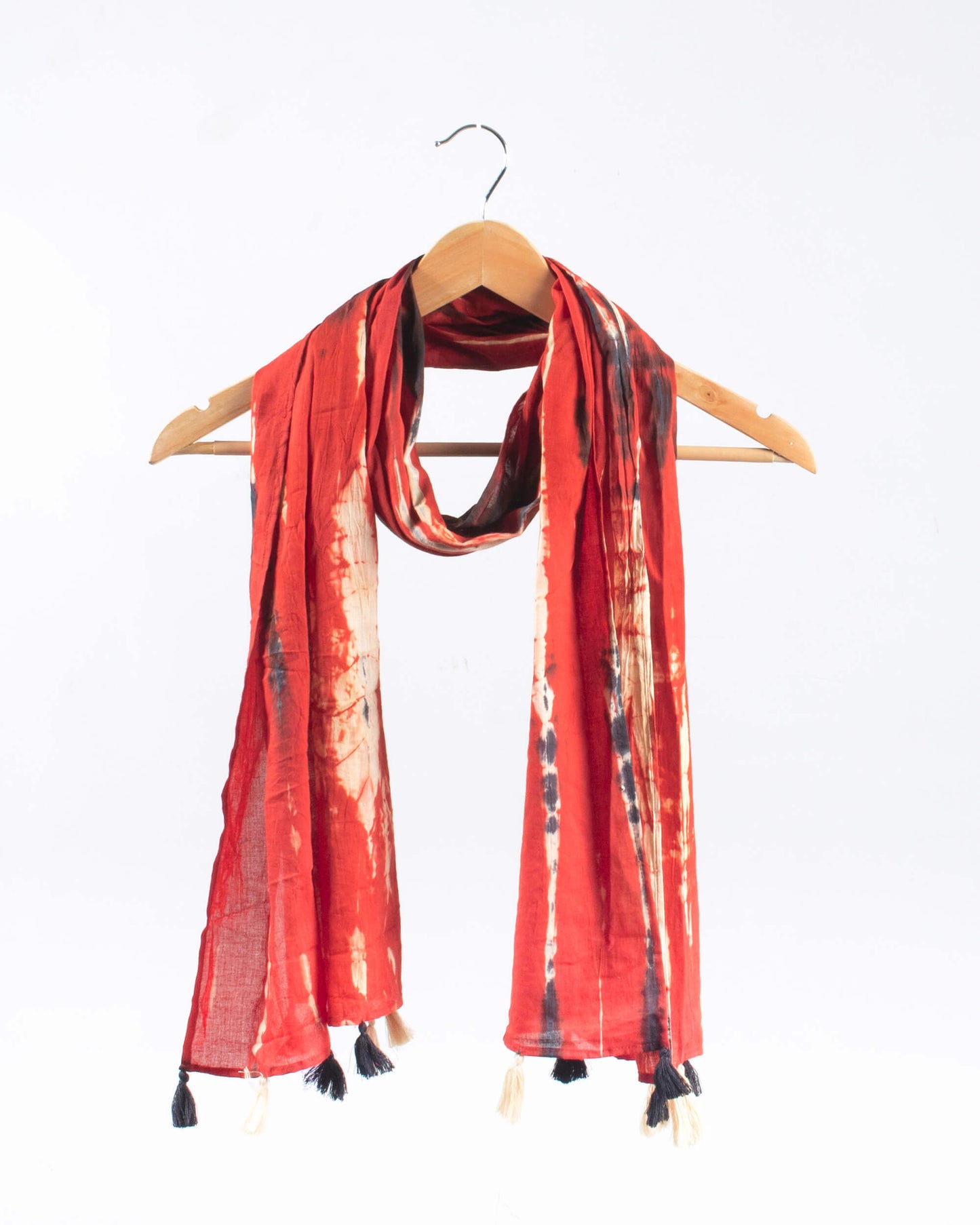 Vermillion Red And Beige Shibori Hand Tie & Dye Cotton Mulmul Stole