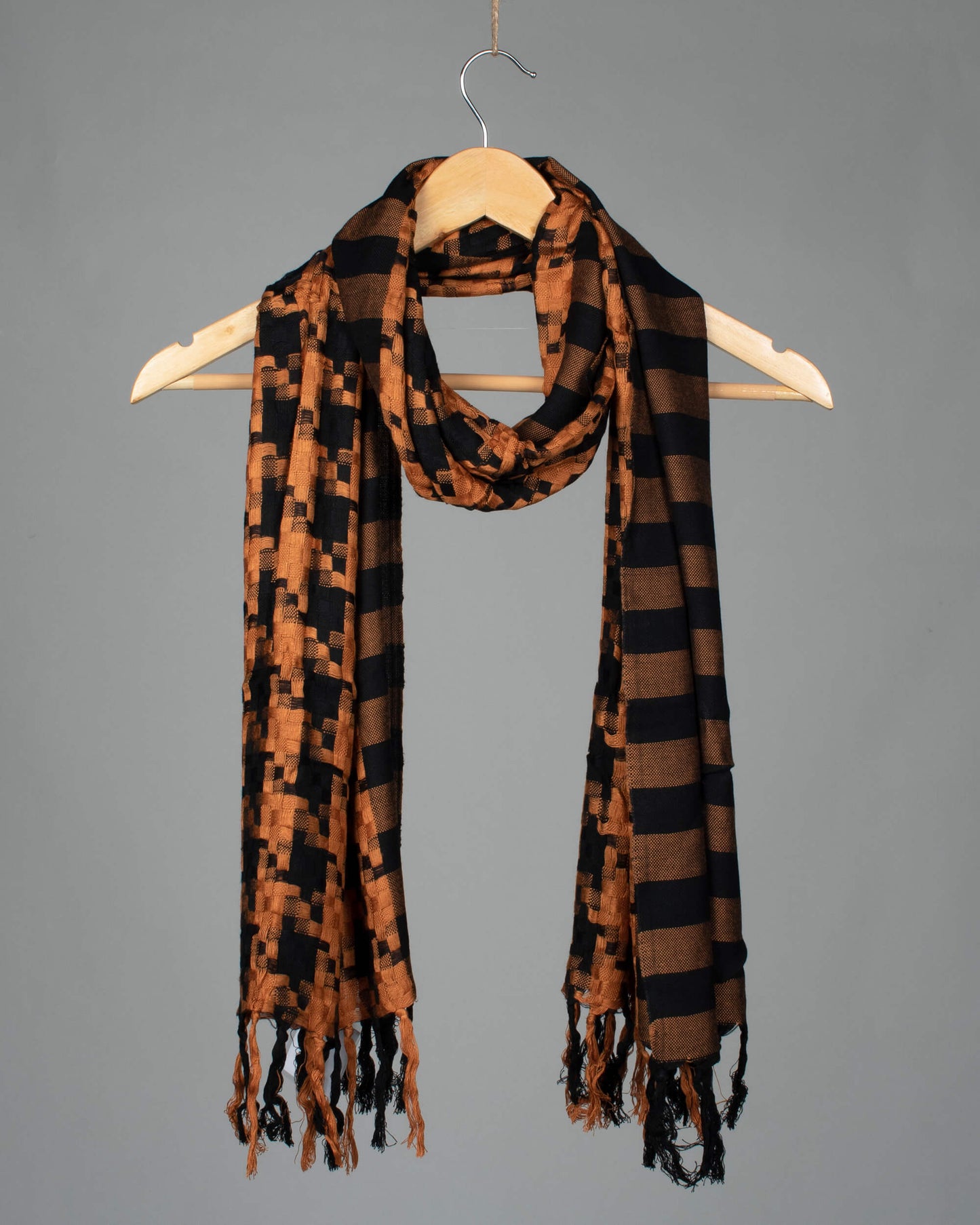 Pastel Orange And Black Checks Pattern Woven Bhagalpuri Cotton By Viscose Stole - Fabcurate