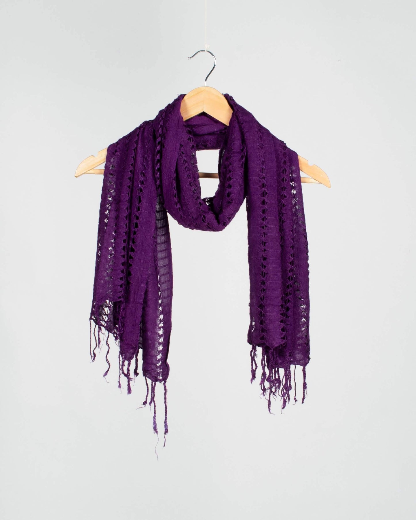 Grape Purple Plain Woven Bhagalpuri Viscose Dobby Net Stole With Tassels - Fabcurate