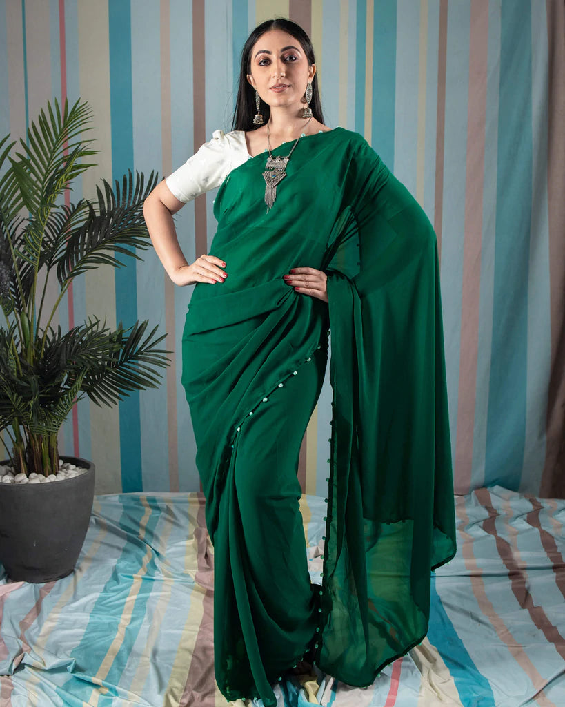 Grass Green Plain Georgette Saree With Potli Tassles – Fabcurate