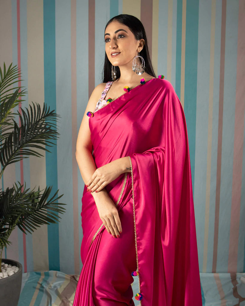 Cerise Pink Plain Japan Satin Saree With Pompom Lace Border