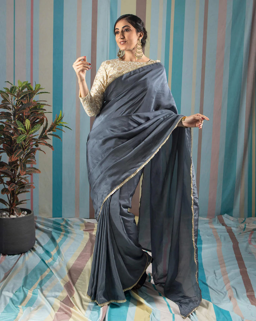 Slate Grey Plain Viscose Uppada Silk Saree With Sequins Lace
