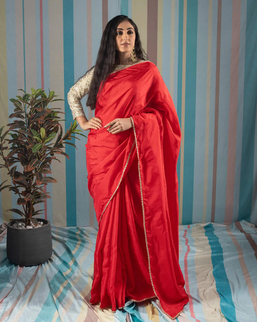 Red Plain Viscose Uppada Silk Saree With Lace Border