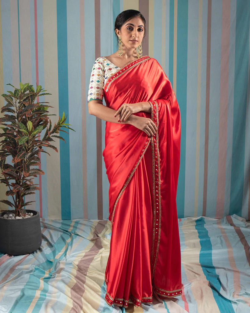 Chilli Red Plain Japan Satin Saree With Lace Border
