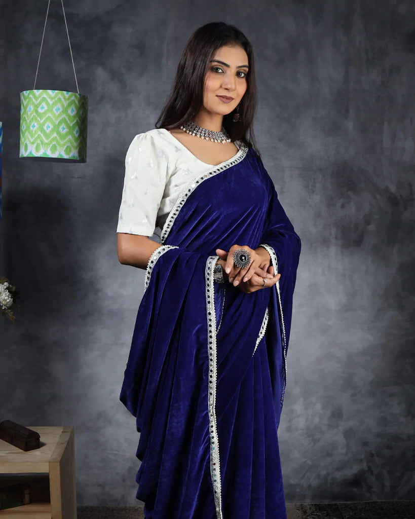 Royal Blue Plain Velvet Saree With Mirror Work Lace Border