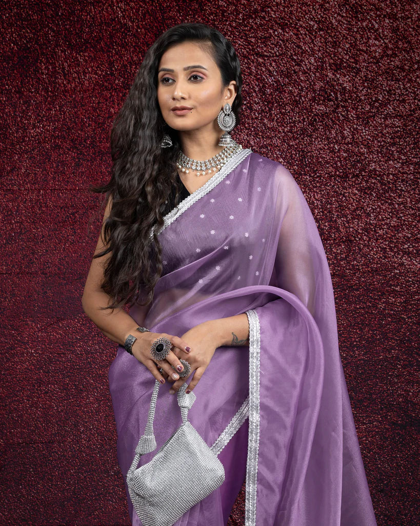 Heather Purple Plain Organza Tissue Saree With Silver Zari Lace Border