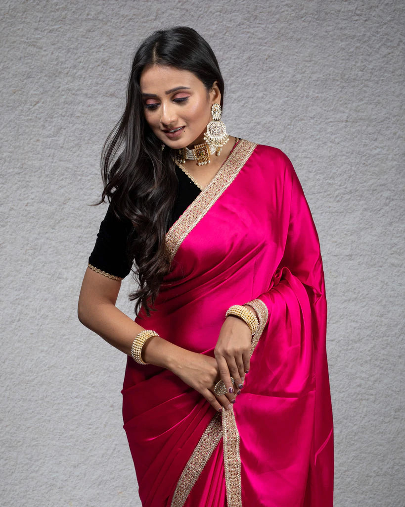 Cerise Pink Plain Japan Satin Saree With Zari Lace Border