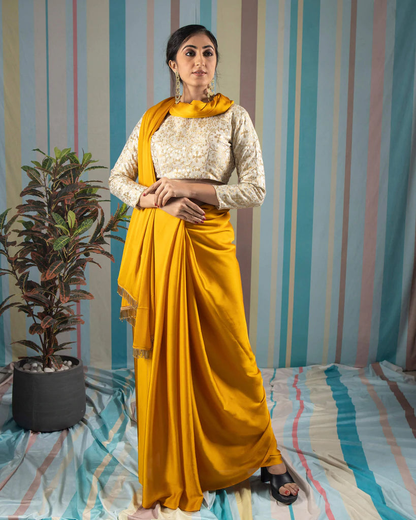 Mustard Yellow Plain Chiffon Satin Saree With Tubular Beads Lace Border