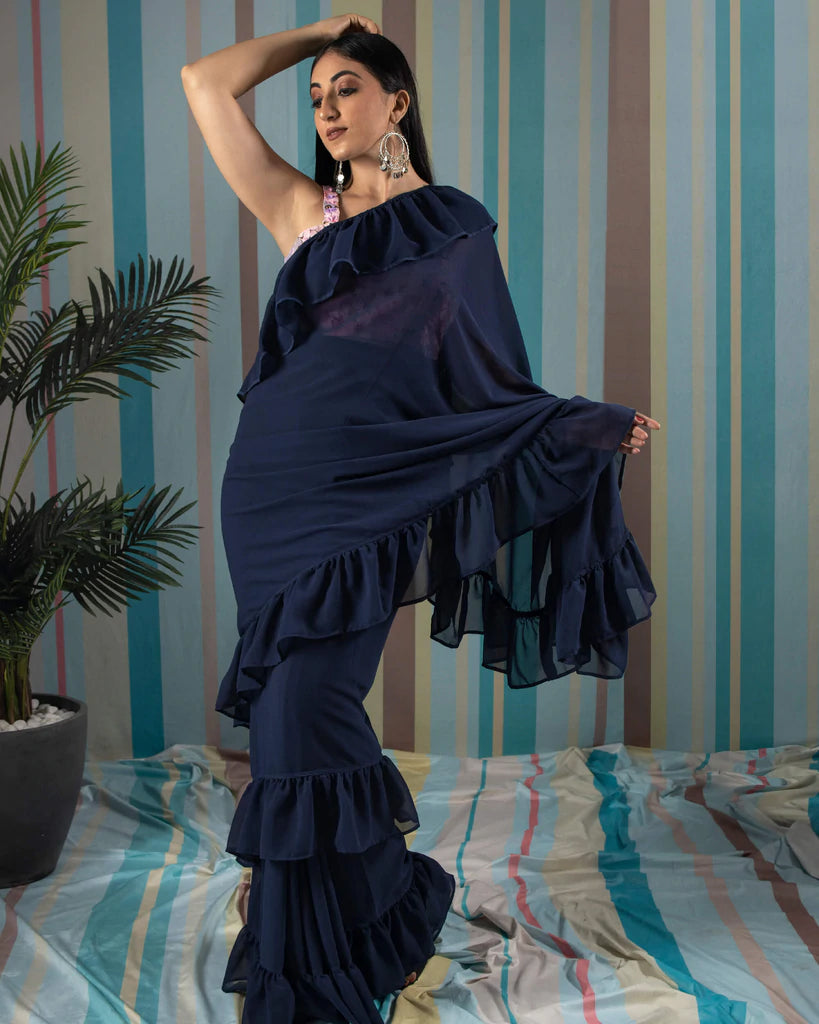 Navy Blue Plain Georgette Ruffle Saree