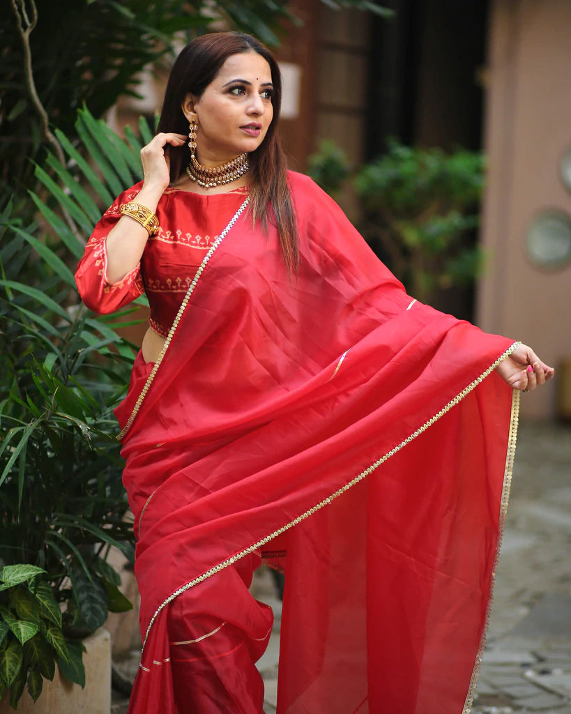 Mehogany Red Golden Zari Gotta Patti Work Liquid Organza Saree With Tubular Beads Sequins Lace Border.