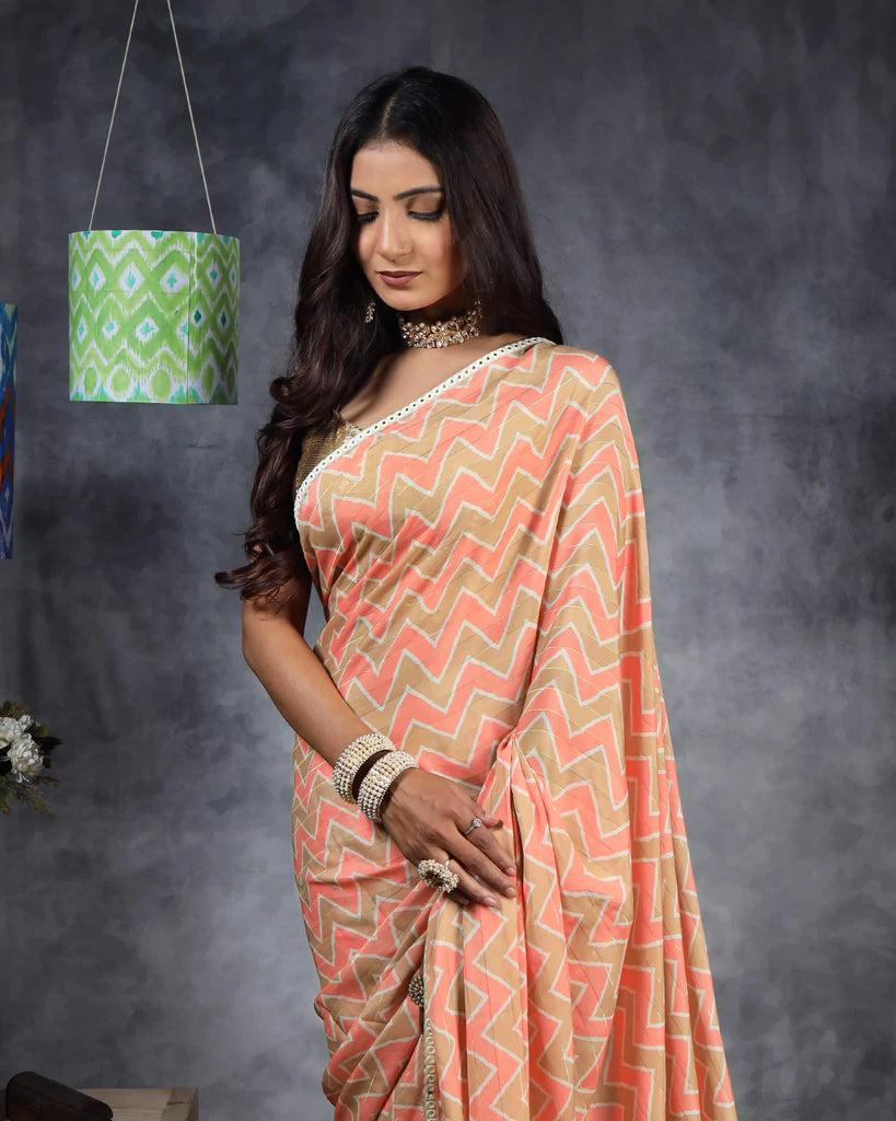 Peach And Beige Chevron Pattern Digital Print Lurex Dent Jacquard Georgette Saree With Foil Mirror Work Lace Border