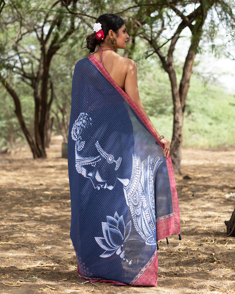 Navy Blue And Cannon Pink Quirky Pattern Premium Sequins Georgette Saree With Tassels