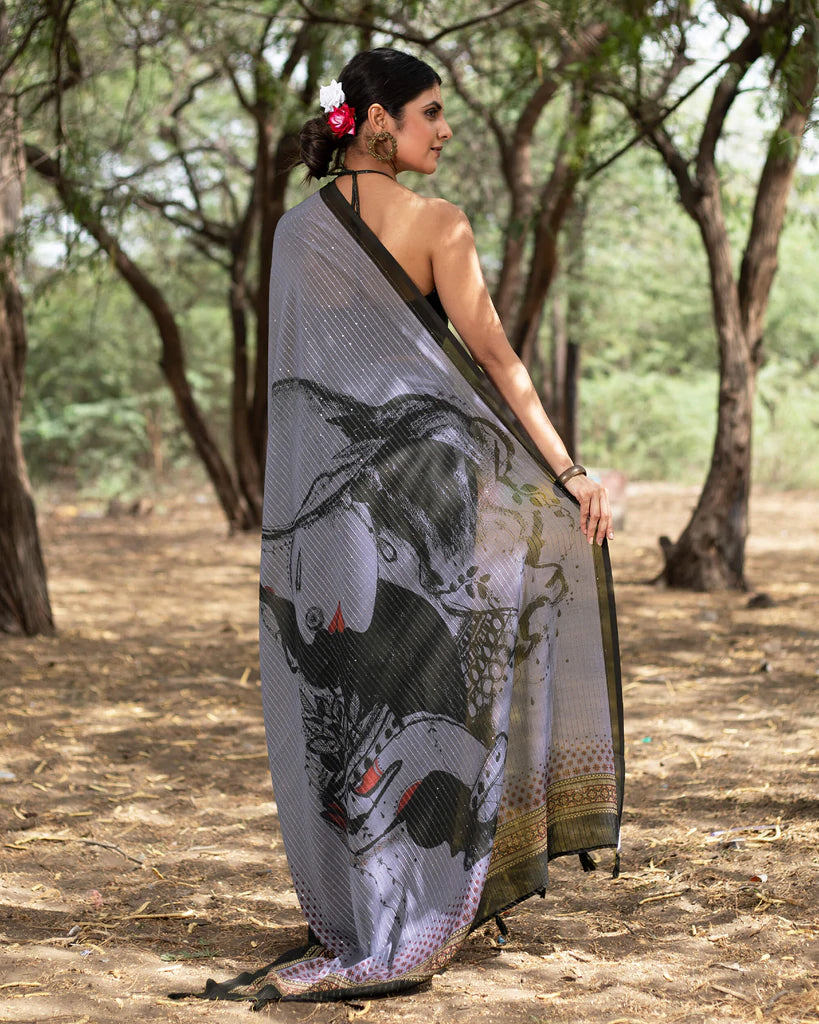 Independence Blue And Black Quirky Pattern Premium Sequins Georgette Saree With Tassels