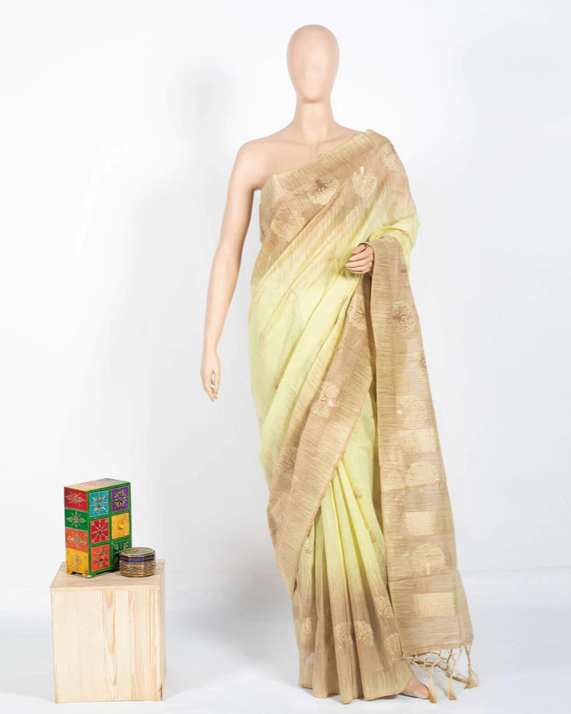 Pistachio Green And Beige Booti Pattern Zari Jacquard Borderd Art Tussar Silk Premium Saree